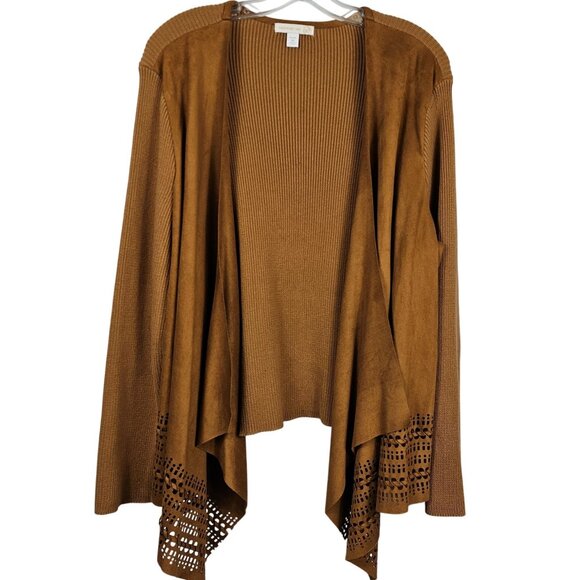 Womens 3X Open Front Brown Cardigan Faux Suede Laser-Cut Hem Stretch Long Sleeve - Picture 1 of 12